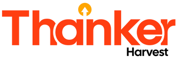 Logo of 'Thinker Harvest' with orange and white text on a black background